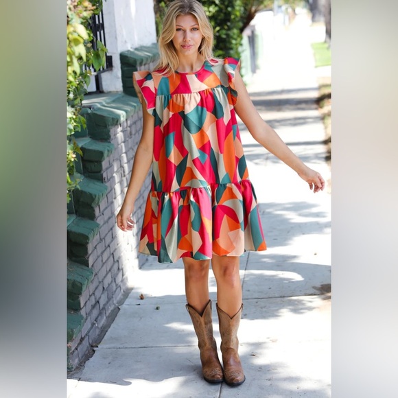 Haptics Dresses & Skirts - Magenta & Taupe Geometric Yoke Woven Dress